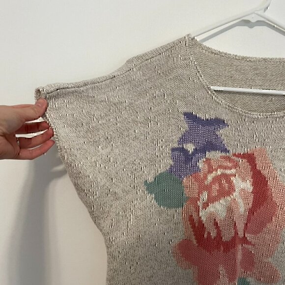 VINTAGE KORET Cream Beige Floral Short Dolman Sleeve Linen Cotton Sweater PETITE - Picture 5 of 11